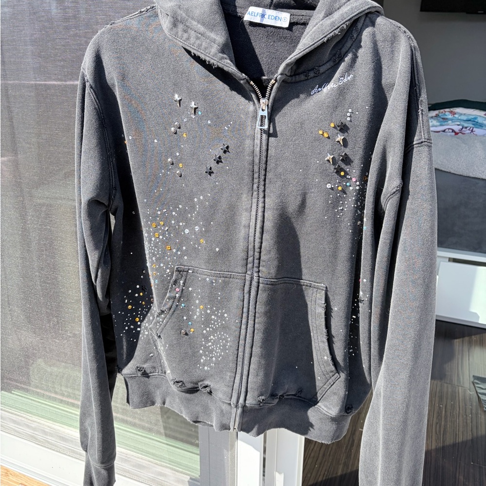 Aelfric Eden black distressed zip-up hoodie